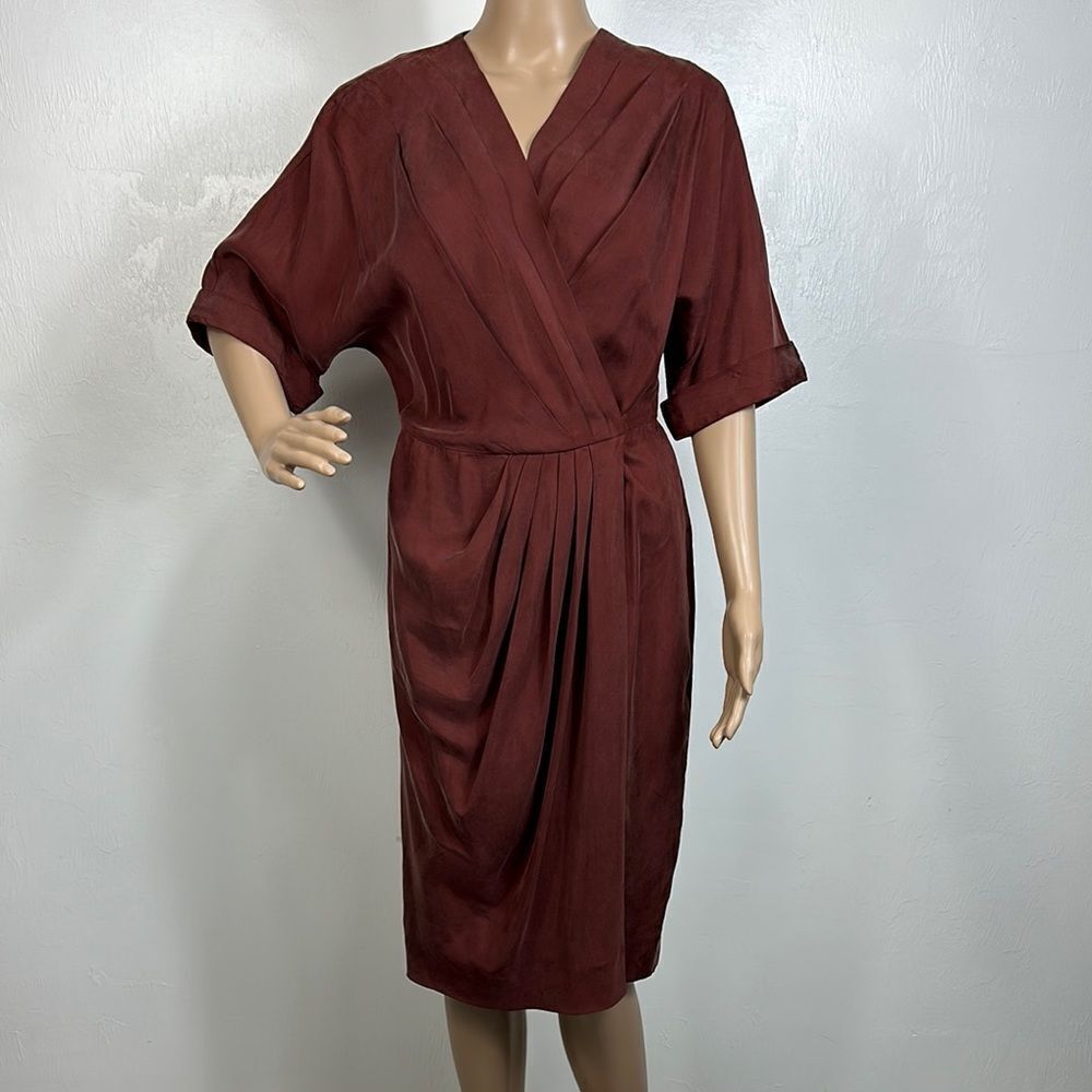 Vintage Silk Elegant Burgundy V-neck Wrap Midi Dress Size M